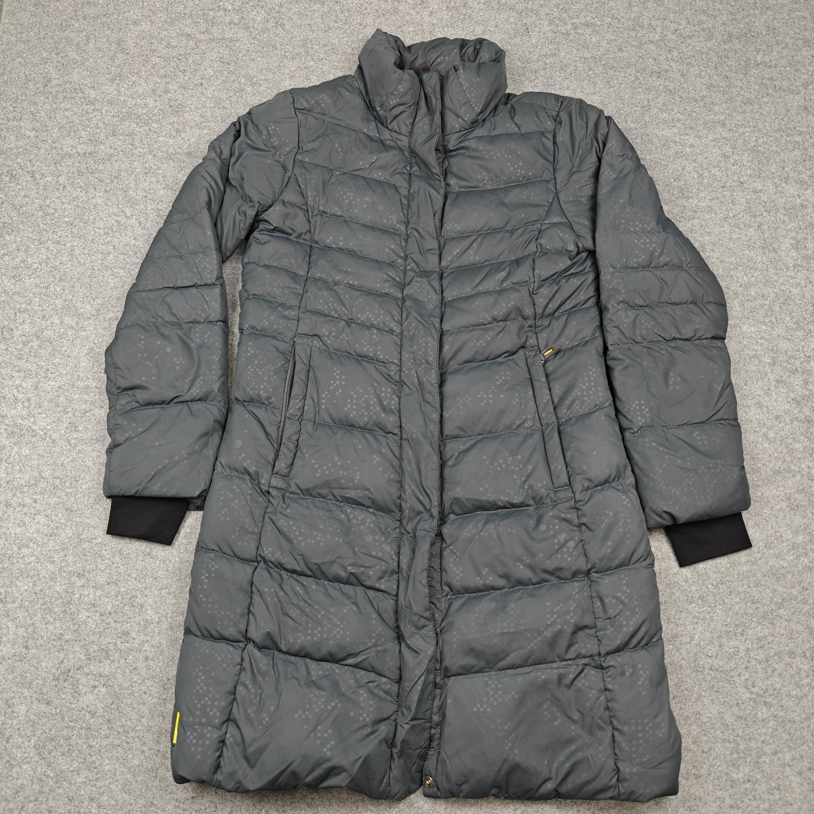 Lole Coat Womens Medium Gray Down Puffer Mid Length Dwr Polka Dot Zip Pockets